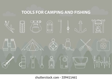 great set of minimalist icons for fishing and camping