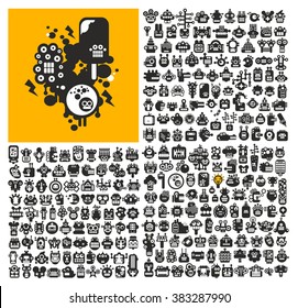 Great set of robot faces. Vector collection of black and white cute monsters.