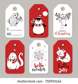 Great set of six vector holiday Christmas tags with cartoon characters deer, fox, penguin, owl, cat and holiday calligraphy. 