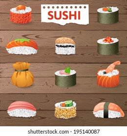 Great set of sushi variations over wooden background
