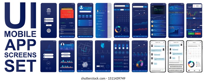 Great set UI for mobiles app. Different screenshots in flat style. Smartphone App screen set in flat style (Fitness, economik, analytic, business dashboard). UI, UX, KIT, interface. Vector elements