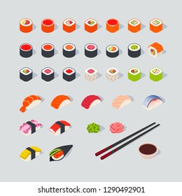 Great set of various different types of sushi. Soy sauce with ginger and chopsticks on a white background. Modern flat style vector illustration.