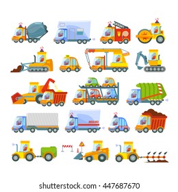 Great set of various transport types:construction equipment,city services,agricultural machinery,cars,trucks.Icon set.Vector illustration isolated on white background