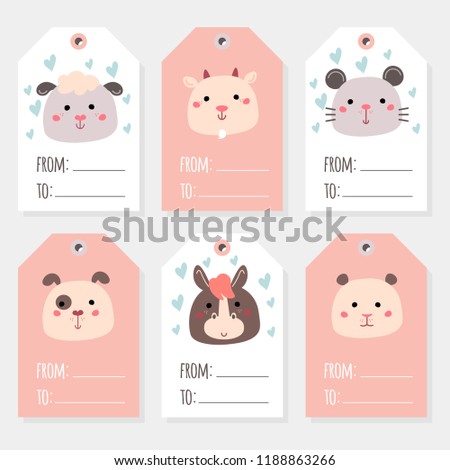 Great set of vector holiday Christmas tags with cartoon characters sheep, hamster, dog, mouse, horse, goat.