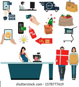 A great set for your design, concept of online shopping, retail, cashback. Flat vector illustration of discount icons, gifts, shopping, satisfied shoppers isolated on white background.
