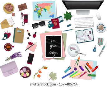 A great set for your Flatley design items, top view. Computer, smartphone,  map, Bank card, ticket, passport, accessories  isolated on white background. View from above.   Flat vector illustration.