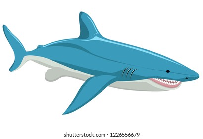 Great  shark isolated on white background. Shark with open mouth and big teeth. Vector illustration in flat or cartoon style.