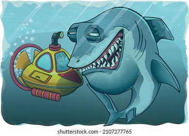 Great shark megalodon and diver in bathyscaphe. Vector illustration