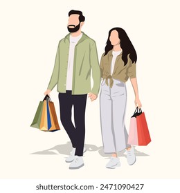 Great Shopping Offer. Smiling Arabic Couple Posing With Paper Shopper Bags Holding Hands vector