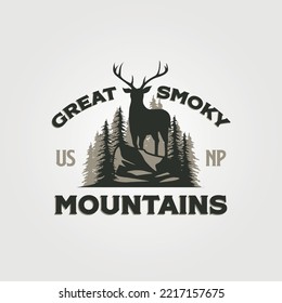 great smoky mountain vintage outdoor logo design with antler symbol on the hill