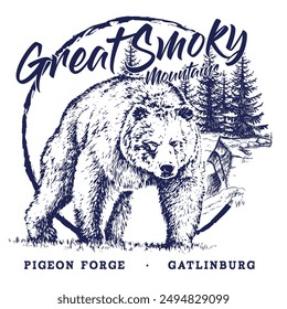 Great smoky Mountains, Black Bear T- shirt design,
spot color ready to print.