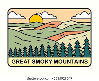 Great Smoky mountains flat mono line design for t shirt sticker badge illustration