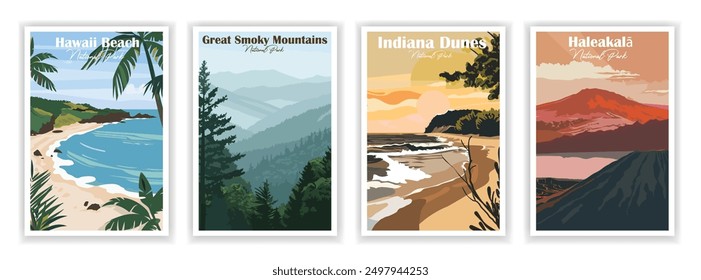 Great Smoky Mountains, Haleakalā, hawaii beach, Indiana Dunes, National Park. Vintage Travel Posters Set, Abstract Travel, Vector illustration