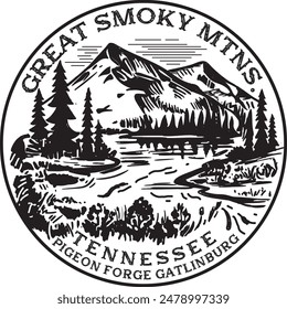 Great smoky mountain Landscape T-Shirt Design, Gatlinburg Tennessee Tees Abziehbild. Illustrator-Schrittdatei, druckfertig, einfarbig.