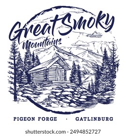 Great Smoky mountains. mountain Cabin T-shirt, spot color, 
Ready to print vector file.