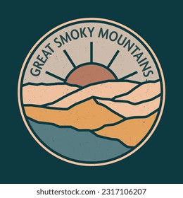 Great Smoky Mountains National Park, mountain sunset retro vector print illustration Line Art