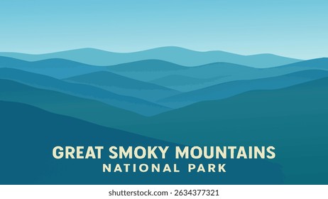 The Great Smoky Mountains are presented in all their grandeur, with clouds gently rolling over the peaks. 