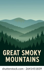 The Great Smoky Mountains are shrouded in mist as the early morning fog rolls through the dense forest, offering a peaceful and atmospheric view of this iconic Appalachian landscape.