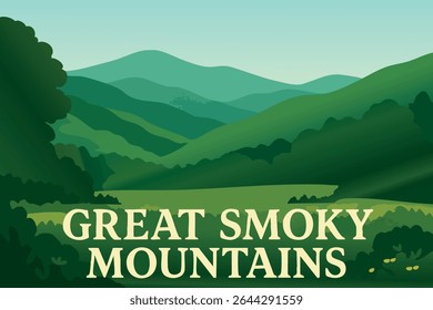 The Great Smoky Mountains in spring, filled with vibrant green trees, blooming wildflowers, and the gentle mist that makes this National Park a springtime paradise