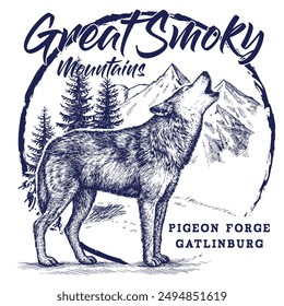 Great Smoky mountains wolf T-shirt, spot color, 
Ready to print vector file.