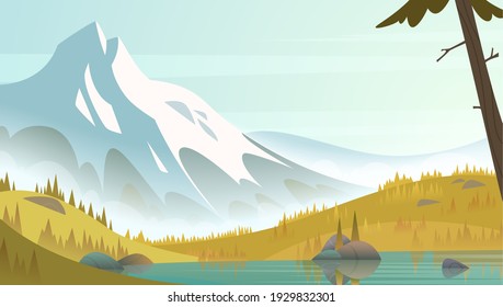 Great snow mountain by the lake shore on a fresh calm clean autumn day. Cartoon modern style landscape