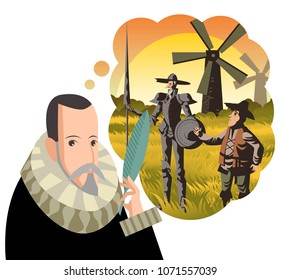 great spanish writer and old quixote knight with sidekick