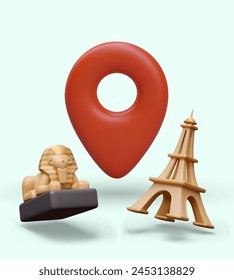 Great Sphinx, geo pin, Eiffel Tower. Vector poster with floating 3D elements