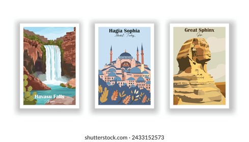 Great Sphinx, Giza. Hagia Sophia, Istanbul, Turkey. Havasu Falls, Arizona - Set of 3 Vintage Travel Posters. Vector illustration. High Quality Prints