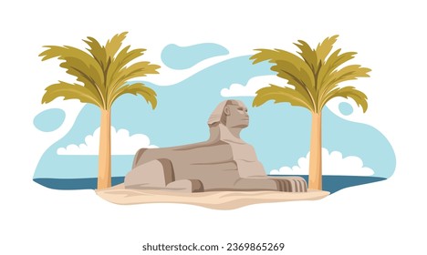 Great Sphinx of Giza landmark in Egypt, Egyptian culture and architectural wonders. Isolated sculpture in desert with palm trees. Tourism and traveling, trip and tour in Africa. Vector in flat style