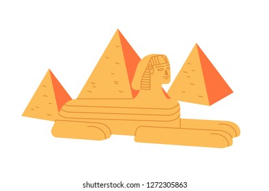 Great sphinx and Giza pyramid complex isolated on white background. Colossal statue of legendary creature from ancient Egypt mythology. Historical and cultural landmark. Flat vector illustration.