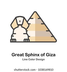 Great Sphinx of Giza and pyramid line color icon