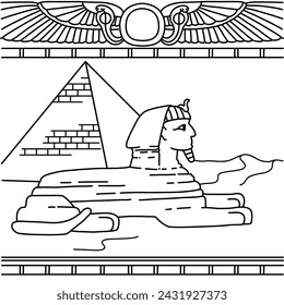 The Great Sphinx of Giza statue. Ancient Egypt mythical creature. Coloring page for kids. Learning history, culture, mythology with fun. Black and white vector illustration.