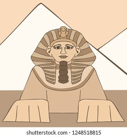 great sphinx at pyramid background monochromatic cartoon, vector illustration of ancient egyptian miracle