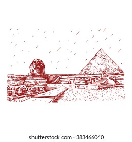 A Grande Esfinge e pirâmide em Gizé, Cairo, Egito. Esboço desenhado à mão. Ilustração vetorial
