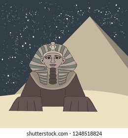 great sphinx and pyramid at night cartoon, vector illustration of ancient egyptian miracle