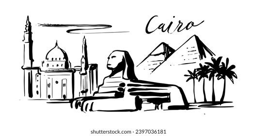 Great Sphinx and Pyramids in Egypt drawing. Cairo sketch