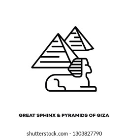 Great Sphinx and Pyramids of Giza at Egypt vector line icon. International landmark and tourism symbol.