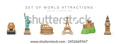 Great Sphinx, Statue of Liberty, Coliseum, Eiffel Tower, Great Wall of China, Big Ben