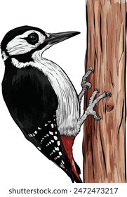 A Great spotted woodpecker with black and white spotted plumage perched on a tree trunk and using its beak to chip away at the bark.