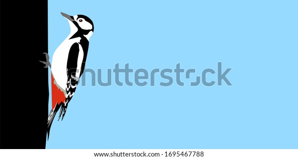 Great\
spotted woodpecker (Dendrocopos major)female on tree with copy\
space. Woodpecker, vector stock\
illustration