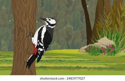 A great spotted woodpecker sits on a tree trunk in a summer forest. Wild bird. Realistic vector landscape