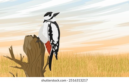 A great spotted woodpecker sits on a branch of a dry tree in a ripe cereal field. Wild bird of Palearctic and North America. Realistic vector landscape