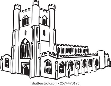 Great St Mary's, Cambridge, England black and white ink sketch. Iconic English Gothic architecture with a grand tower and intricate details. Historic landmark illustration. Tourism, travel cultural 