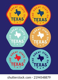 The Great State Of Texas With State Map And Tri Star In Hexagon And Sphere Seal Badge Can Be Use For Souvernir Printing Advertisemen Poster Website Cover Package Design Patriot Theme Vector Eps.