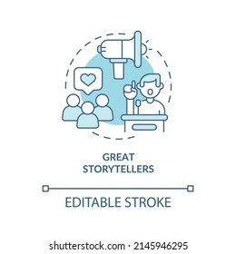 Great Storytellers Turquoise Concept Icon. Charismatic People Characteristic Abstract Idea Thin Line Illustration. Isolated Outline Drawing. Editable Stroke. Arial, Myriad Pro-Bold Fonts Used