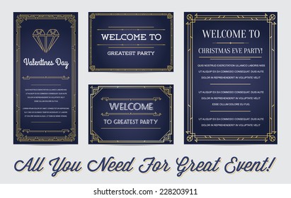 Great Style Invitation in Art Deco or Nouveau Epoch 1920's Gangster Era Boardwalk Empire Vector Set for Main Event Gatsby