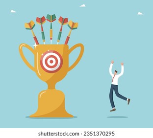 Great success in achieving business goals, intelligence or motivation in achieving high results, defeating competitor, getting reward for work done, satisfied man near winning cup with board and darts