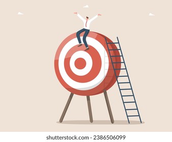 Great success in achieving business goals, intelligence or motivation in achieving high results, defeating competitor, getting reward for work done, satisfied man sitting on top of the dart board.