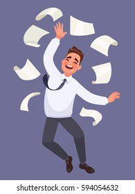 Great success in the work. Office worker jumps up and throws paper. Vector illustration in a cartoon style