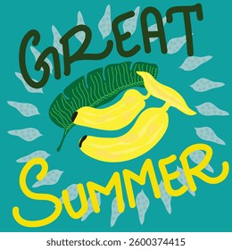 Great summer card, banner, poster, illustration. Great summer card with bananas, leaves and some leaves in circle hand drawn poster, card, banner, post, greeting illustration.